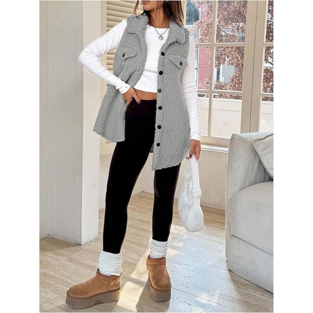 Women's Grey Fuzzy Fleece Vest Sleeveless Button Down Thigh Length Teddy Coat - Picture 5 of 5